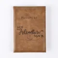 Brown PU leather passport cover with travel quote debossed design, durable card organizer. - Folded Size 14*10cm / Khaki