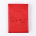 Red PU leather passport holder detail shot, debossed adventure travel quote text cover. - Folded Size 14*10cm / Bright Red