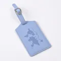 Light blue PU leather luggage tag featuring an embossed world map design and a metal buckle. - Light Blue