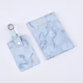 Blue marble passport cover and luggage tag set, premium PU leather travel accessories. - Blue