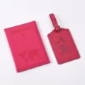 Pink PU leather passport holder and luggage tag set, detailed view with world map pattern. - Rose Red