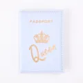 Light blue PU leather passport holder featuring a stylish golden crown and Queen text design. - Light Blue