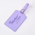 Embossed PU leather luggage tag with cute adventure quote design for travel bags and suitcases. - Purple