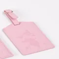 Pink PU leather luggage tag with embossed world map design, durable travel bag ID identifier. - Pink
