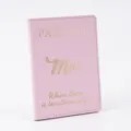 Pink PU leather passport cover with gold foil stamped Mrs and love quotes for travel couples. - Pink Girl