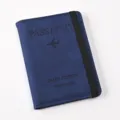 Blue PU leather passport wallet detail view, travel document holder with elastic band close-up. - Passport Holder (Dark Blue)