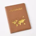Brown PU leather passport cover with gold stamped world map design, travel document holder. - 14.2*10.8cm / Brown