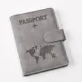 Grey PU leather passport holder with magnetic snap and world map design for travel. - Passport Cover / Gray