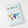 Blue passport cover with colorful world map design travel wallet card holder organizer. - Light Blue