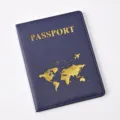 Dark blue PU leather passport cover with gold stamping world map and airplane design for travel. - 14.2*10.8cm / Dark Blue