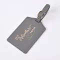 Grey PU leather luggage tag with gold foil travel quote, durable travel accessory for suitcase. - Gray