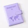 Purple PU leather passport holder featuring a magnetic buckle, world map and passport text detail. - Passport Cover / Light Purple