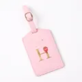 Pink leather luggage tag with gold letter H and hot air balloon print, travel suitcase ID badge - Letter H / Pink