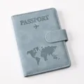 PU leather passport cover with magnetic buckle and world map embossing, travel card holder. - Passport Cover / Light Blue