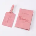 Pink PU leather passport holder and luggage tag set with embossed adventure travel quotes. - Pink