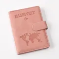 Pink PU leather passport holder with magnetic clasp and world map embossed design. - Passport Cover / Pink