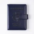 Blue PU leather passport cover with magnetic buckle, travel document organizer holder. - Dark Blue