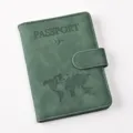 Dark green PU leather passport cover with magnetic closure and embossed world map travel wallet. - Passport Cover / Green