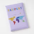 Purple PU leather passport holder with colorful world map travel design and flight route. - Purple