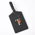 Black leather luggage tag with gold letter T design, durable travel suitcase ID label. - Letter T / Black