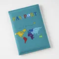Blue passport cover with colorful world map print and passport text, travel document holder. - Lake Blue