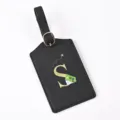 Black leather luggage tag with gold letter S, durable travel suitcase ID label for bags. - Letter S / Black