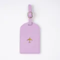 Purple leather luggage tag with gold airplane pattern, durable travel accessory for suitcase. - Luggage Tag / Purple