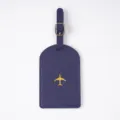 Dark Blue PU Leather Luggage Tag with Gold Stamped Airplane Pattern and Metal Buckle Strap - Luggage Tag / Dark Blue