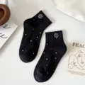 Cute heart embroidered black cotton socks with colorful polka dots, casual daily ankle socks. - 35-40 / Black