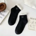 Black ruffle cuff cotton socks with sweet heart embroidery for women spring summer casual wear - 35-40 / Black