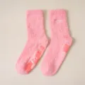 Pink fluffy fuzzy socks with non-slip grips and cute letter embroidery for cozy winter home wear. - 36-44 / Coral Fleece Socks in Pink