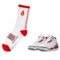 White cotton athletic crew socks with red accents and flame embroidery designed for sneakers. - 36-43 / AJ3 Cardinal