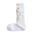 White athletic crew socks featuring a vibrant colorful paint splatter design and cozy loop fabric. - 36-44 / Splash Ink 3# Purple, Orange & Green