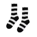 Close-up detail of black and white striped distressed socks with trendy grunge ripped design. - 36-43 / Coarse Knit Distressed Socks - Black & White Striped