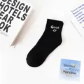 Black short cotton socks with white Good smiley embroidery, trendy casual skate socks. - 36-43 / Good Smiley Face Short Socks - Black