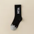 Black cotton long socks featuring YE24 letter knit and grey flame toe design, casual streetwear. - 36-43 / YE24 Black
