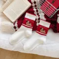 New Year red mid-tube socks, festive cotton flecked yarn striped cartoon puppy cute socks. - 36-43 / Puppy (White) Lace