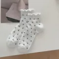 White polka dot summer socks with lettuce edge, cute breathable mesh low-cut sock variant. - 35-40 / White