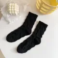 Black sweet girl bow embossed ruffle mid-tube cotton socks for spring and summer - 36-40 / Embossed Bowknot Black