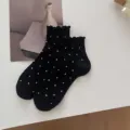 Black sheer lace-up balletcore socks with cute white polka dots and lettuce edge. - 35-40 / Black