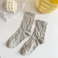Grey bow cotton mid-tube socks for women, sweet lace trim casual daily wear cute socks. - 36-40 / Embossed Bowknot - Grey
