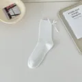 White mid-calf socks for women featuring a cute ribbon bow, soft cotton daily wear. - 36-40 / White