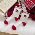 Festive red and white speckled cotton mid-calf socks with cute puppy cartoon design for new year. - 36-43 / Puppy Speckled Yarn