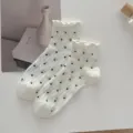 Ballet style mesh boat socks for women, cute polka dot design with ruffled lace edges. - 35-40 / Milk White