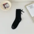 Black ribbed mid-calf socks with back bow knot, sweet style casual cotton hosiery. - 36-40 / Black