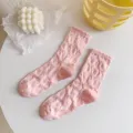 Pink cute bow embossed ruffle mid-calf cotton socks for sweet girls spring and summer daily wear. - 36-40 / Embossed Bowknot - Pink