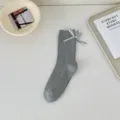 Gray mid-calf socks for women, cute side bow design, soft cotton ribbed daily wear. - 36-40 / Light Gray