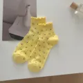 Summer yellow polka dot lettuce edge mesh socks, breathable sheer crew socks. - 35-40 / Yellow