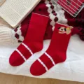 Red mid-calf cotton socks featuring white wavy stripes and cute cartoon dog design. - 36-43 / Puppy (Red) with Small Ears