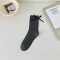 Dark grey ribbed mid-calf socks with cute black ribbon bow, casual knit hosiery for women. - 36-40 / Dark Gray